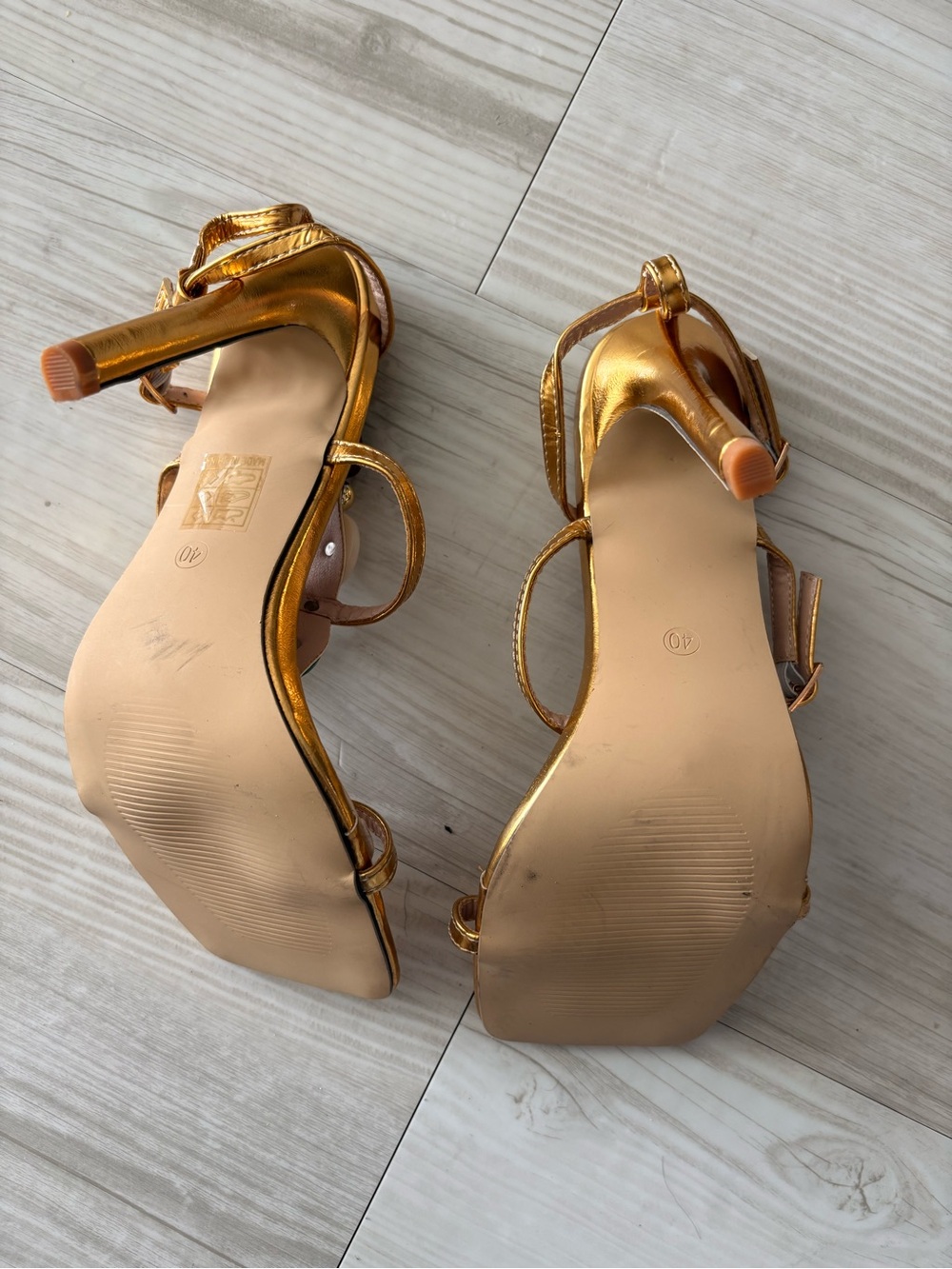 Gold Beaded Strappy Sandals - Women's Yellow Heels - Picture 2 of 3